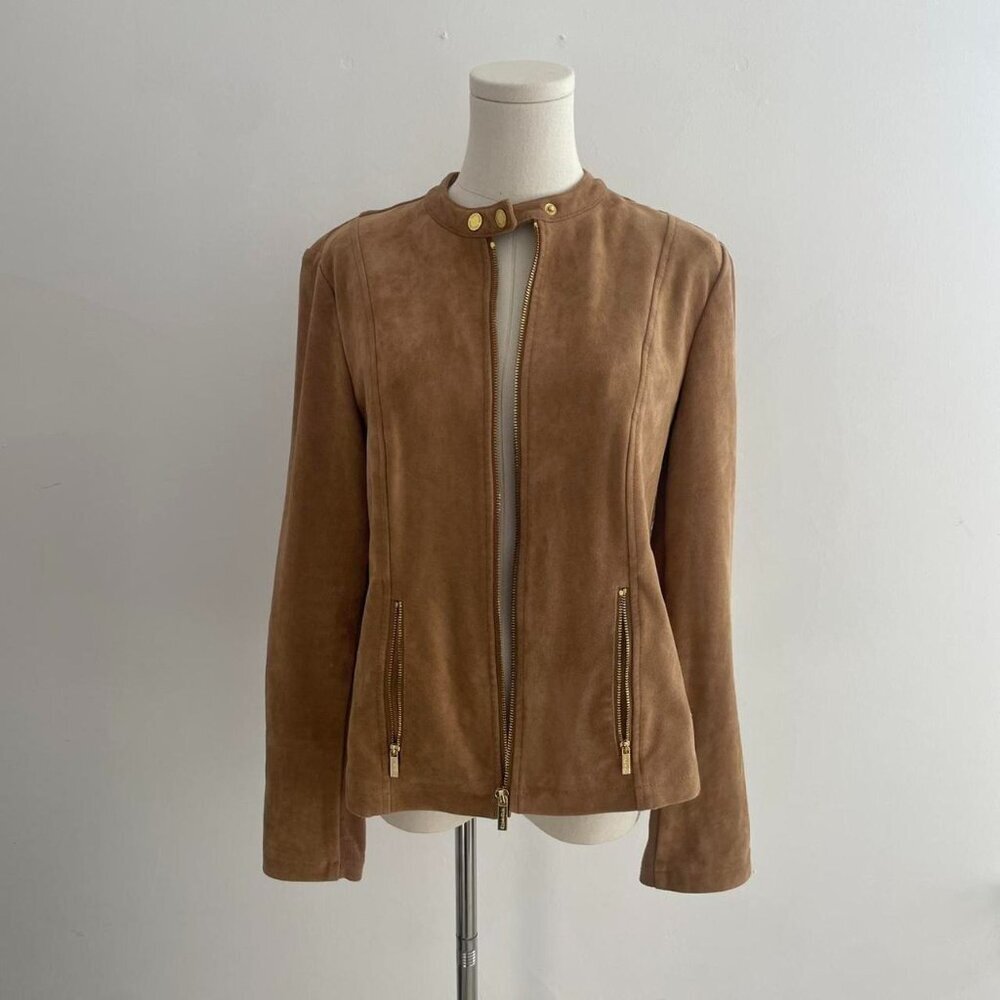 Calvin Klein Faux Suede Zip Front Jacket in Camel | Women’s Size Medium
